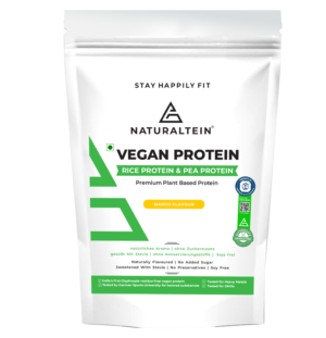 NATURALTEIN Vegan Plant (Rice & Pea) Based Protein Powder – Mango Flavour – 500 GM/1kg (Naturally Flavoured, Gluten Free, 21g Protein)